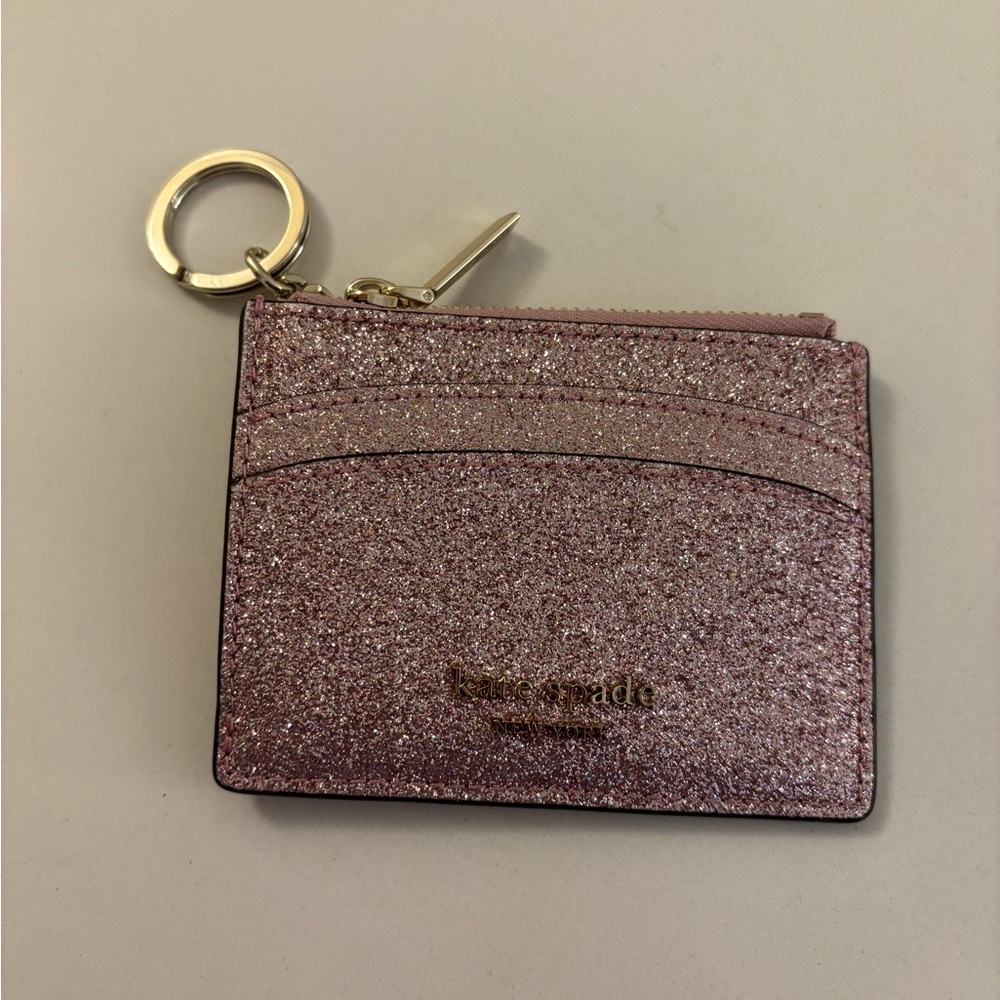 Brand new Kate Spade pink glittery card case wallet keychain